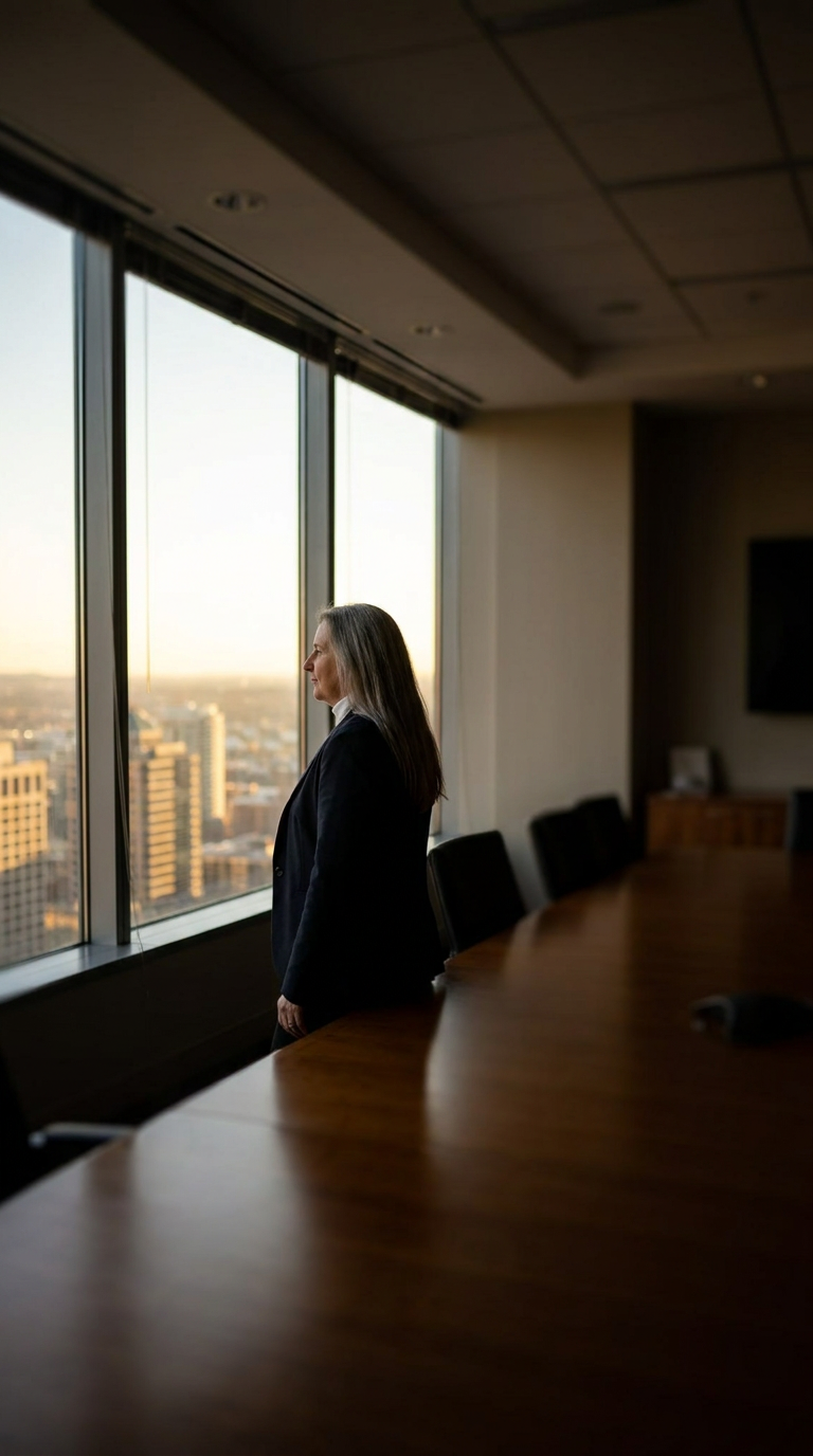 Dr Clare Allen standing in a boardroom looking out across a city skyline at dusk
