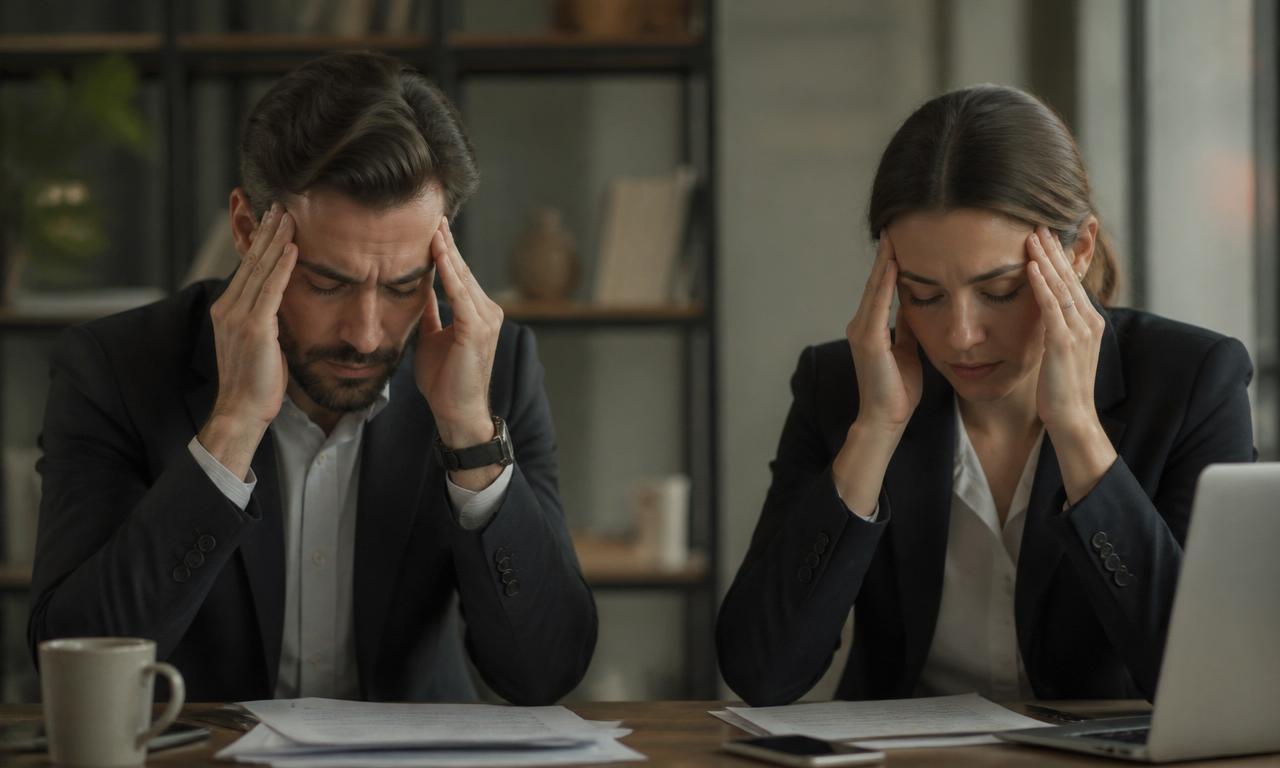A man and a woman in corporate attire rubbing their heads, visibly emotionally overloaded