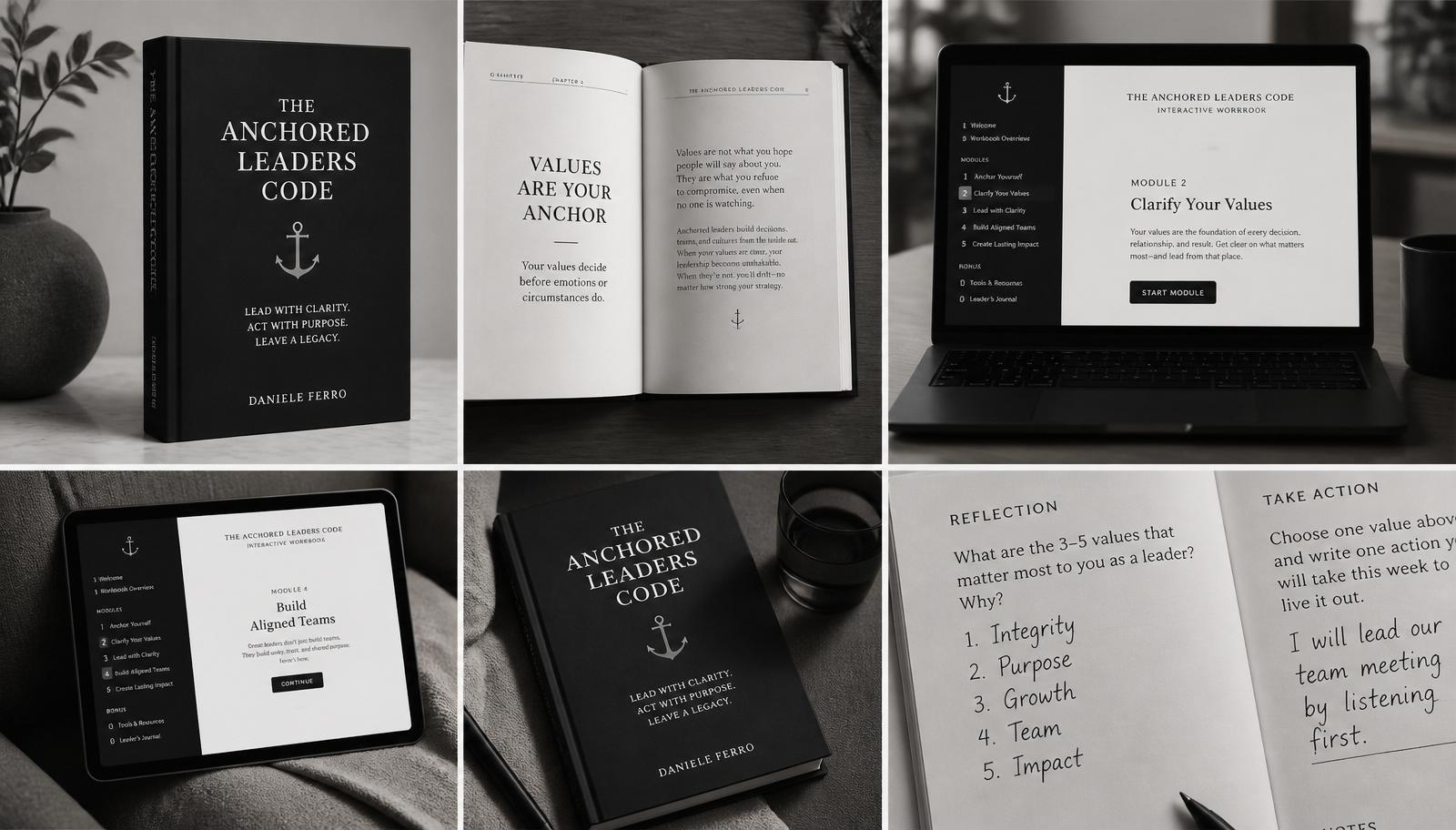 The Anchored Leaders Code book and interactive workbook shown across hardback, laptop, tablet and handwritten reflections