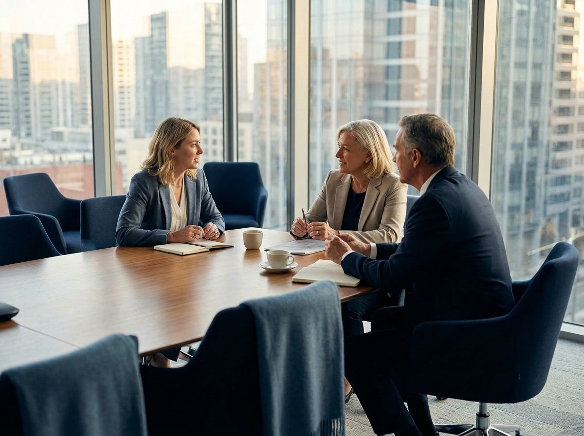 Senior executives in a modern boardroom, a leader commanding the room with calm authority