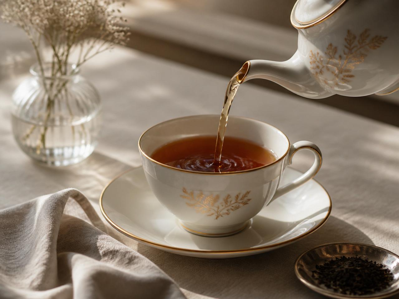 An aged amber tea poured into fine china, the opening ritual of the day.
